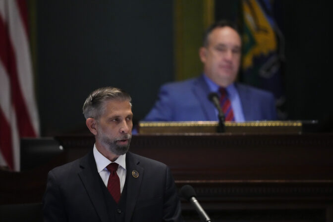 Pennsylvania state House of Representatives' impeachment manager Rep. Craig Williams, reads the articles of impeachment against Philadelphia's Democratic district attorney, Larry Krasner,