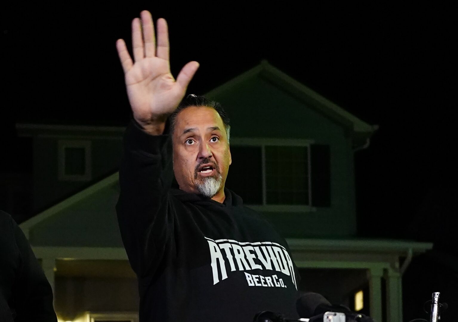 Richard Fierro gestures while speaking during a news conference outside his home about his efforts to subdue the gunman in Saturday's shooting at Club Q, Monday, Nov. 21, 2022, in Colorado Springs, Colo. 