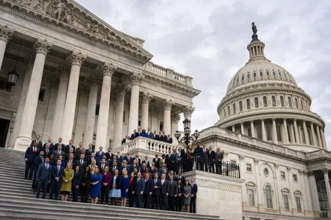 Representatives-elect during a group photograph outside the U.S. Capitol in Washington, D.C., on Tuesday. Congressional Republicans returned to Washington this week adrift and questioning their party's leadership after falling far short of expectations in the midterm elections.