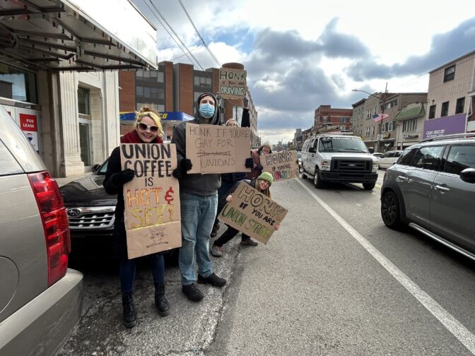 Starbucks workers strike outside the store on Liberty Avenue in Bloomfield on Nov. 17.