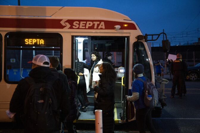 Migrants sent by Texas Gov. Greg Abbott arrive near 30th Street Station Wednesday morning, Nov. 16, 2022, in Philadelphia.