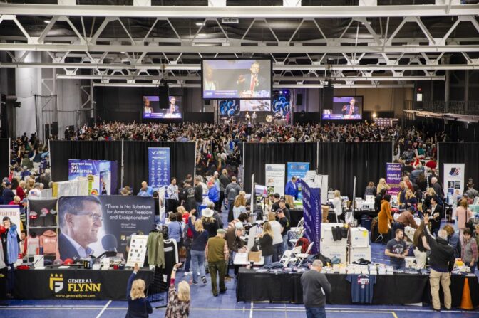 Clay Clark speaks to attendees of the ReAwaken America Tour held at the Spooky Nook Sports complex in Manheim, Pa. on Friday, Oct. 21, 2022.