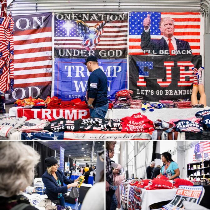 Top: MAGA themed goods are sold. Bottom left: Gina Paeth, founder & CEO of Redemption Shield, demonstrates how her product decreases radiation from everyday electronics. Bottom right: Sandy sells MAGA themed goods.