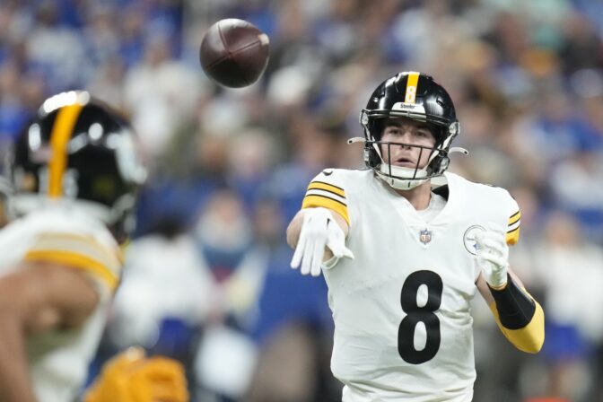 Pittsburgh Steelers quarterback Kenny Pickett (8) throws during the first half of an NFL football game against the Indianapolis Colts, Monday, Nov. 28, 2022, in Indianapolis.