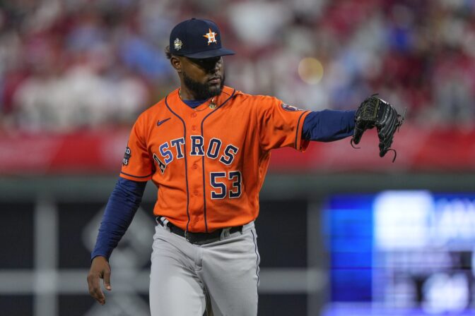 Houston Astros starting pitcher Cristian Javier leaves the field after the sixth inning in Game 4 of baseball's World Series between the Houston Astros and the Philadelphia Phillies on Wednesday, Nov. 2, 2022, in Philadelphia.