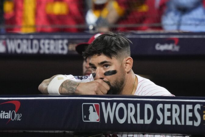 Philadelphia Phillies right fielder Nick Castellanos watches during their loss in Game 4 of baseball's World Series between the Houston Astros and the Philadelphia Phillies on Wednesday, Nov. 2, 2022, in Philadelphia.