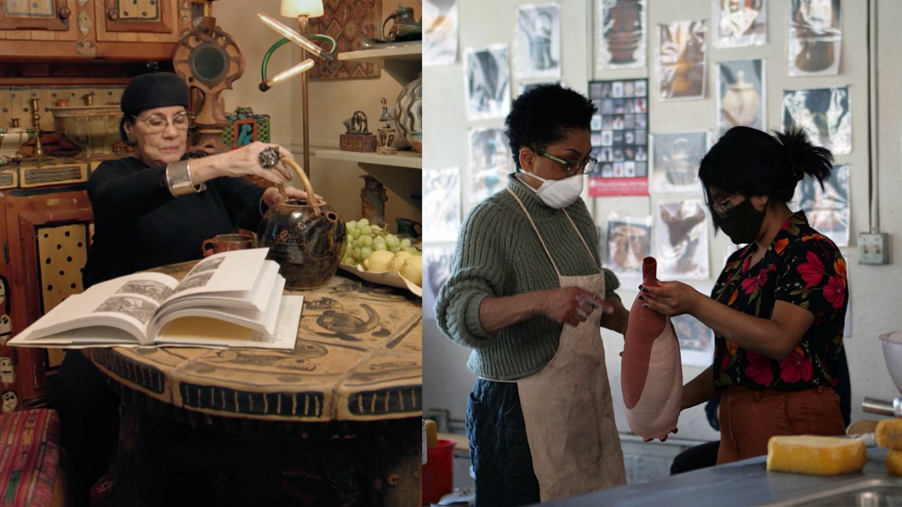 Helen Drutt English in her home of exquisite craft objects and Syd Carpenter teaching at Swarthmore. 