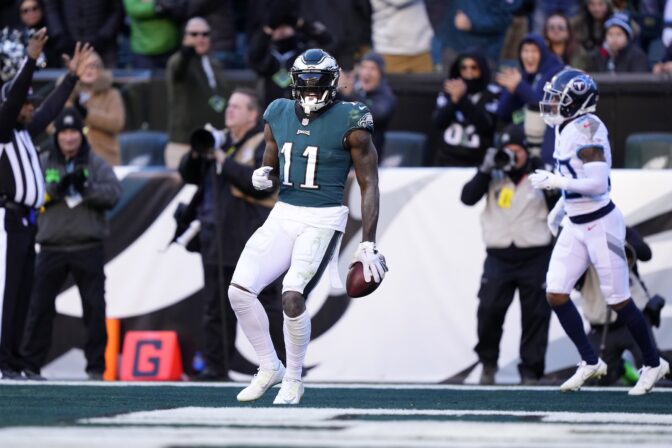 Philadelphia Eagles' A.J. Brown scores a touchdown against the Tennessee Titans during the second half of an NFL football game, Sunday, Dec. 4, 2022, in Philadelphia.