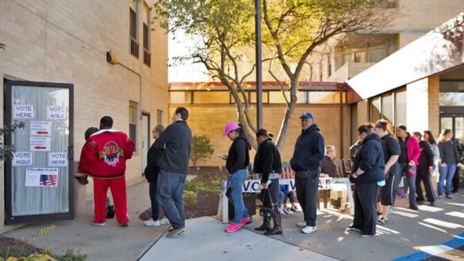 In this file photo, voters line up outside the B’nai B’rith apartments on Election Day in Allentown, Pennsylvania.
