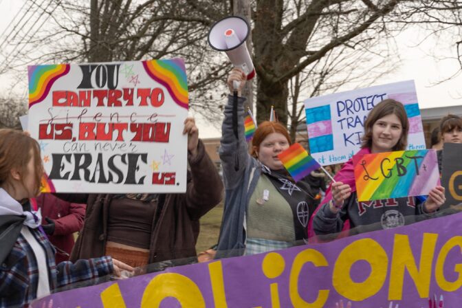 Mackenzie Junkin (right) and Rowan Foy (second from right), 8th grade students at Holicong Elementary School, protested a ban on Pride flags in the Central Bucks School District on January 17, 2023.