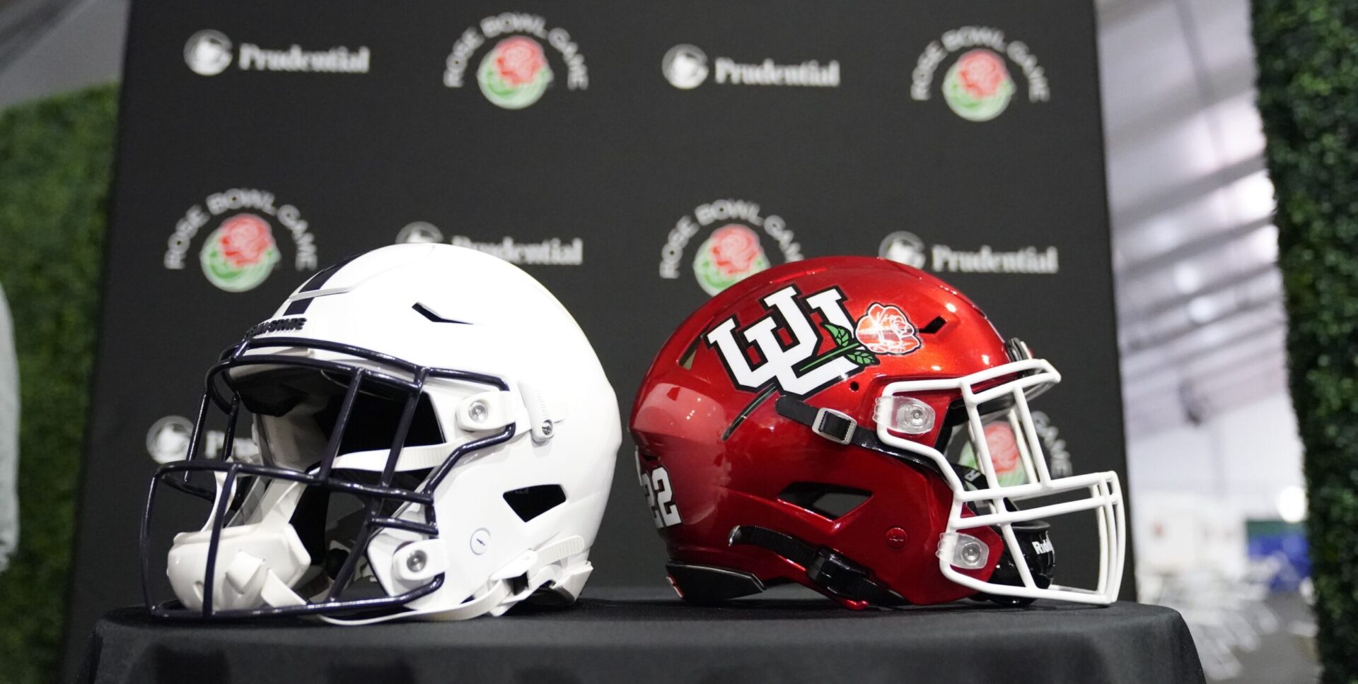 The Utah and Penn State helmets are placed together during media day ahead of the Rose Bowl NCAA college football game Saturday, Dec. 31, 2022, in Pasadena, Calif.