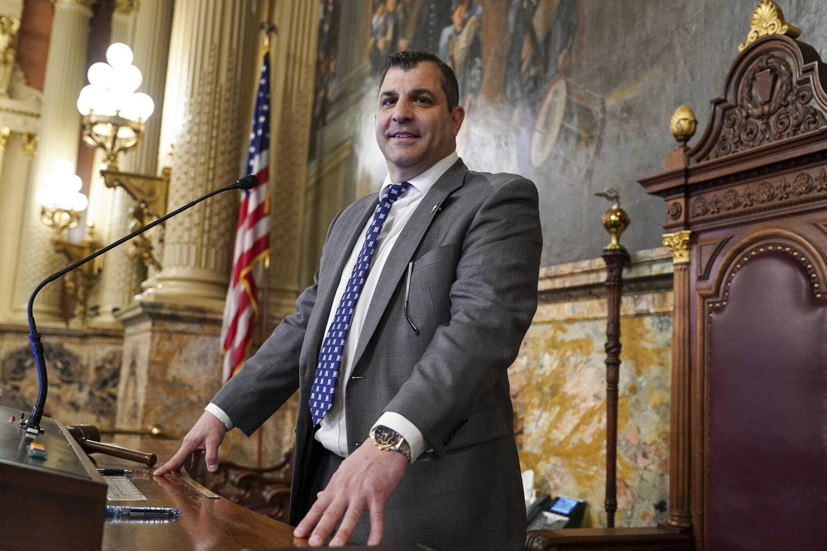 Pennsylvania Speaker of the House Mark Rozzi is photographed at the speaker's podium, Tuesday, Jan. 3, 2023, at the state Capitol in Harrisburg, Pa. (AP Photo/Matt Smith)
