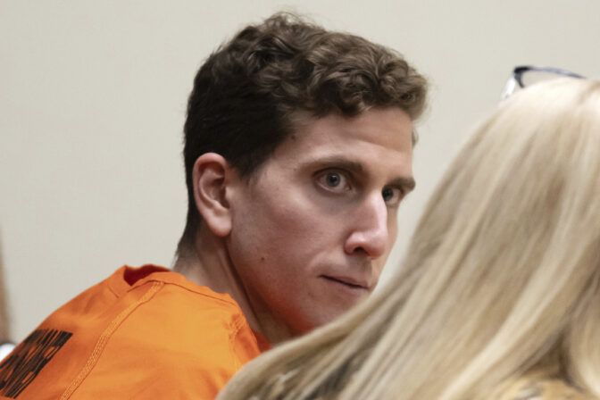 Bryan Kohberger, left, who is accused of killing four University of Idaho students in November 2022, looks toward his attorney, public defender Anne Taylor, right, during a hearing in Latah County District Court, Thursday, Jan. 5, 2023, in Moscow, Idaho.