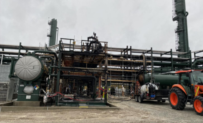 This photo, from the Department of Environmental Protection's report, shows Energy Transfer's Revolution gas processing plant in Smith Township, Washington County, after a fire occurred Dec. 25, 2022. 