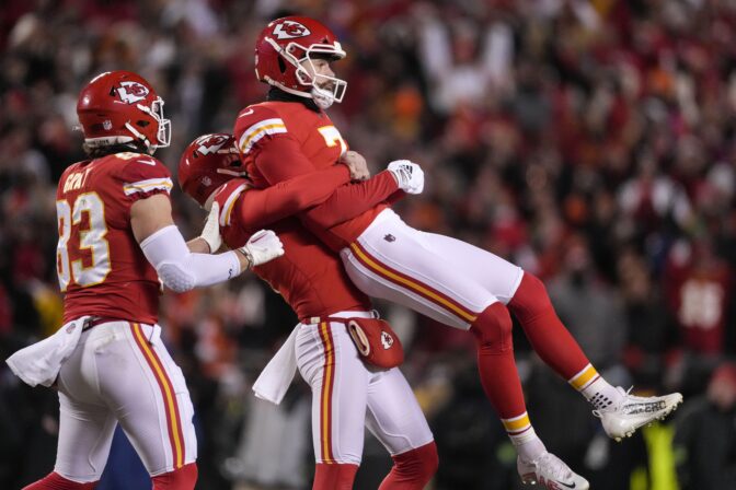ansas City Chiefs place kicker Harrison Butker (7) is lifted in the air after his game-winning field goal against the Cincinnati Bengals during the second half of the NFL AFC Championship playoff football game, Sunday, Jan. 29, 2023, in Kansas City, Mo. The Chiefs won 23-20.