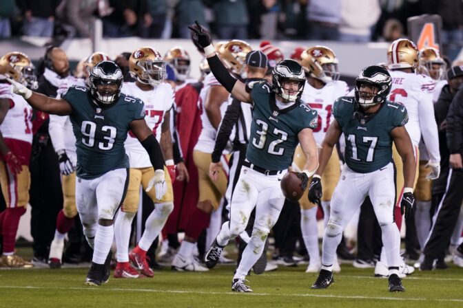 Philadelphia Eagles safety Reed Blankenship celebrates after their win in the NFC Championship NFL football game between the Philadelphia Eagles and the San Francisco 49ers on Sunday, Jan. 29, 2023, in Philadelphia. The Eagles won 31-7.
