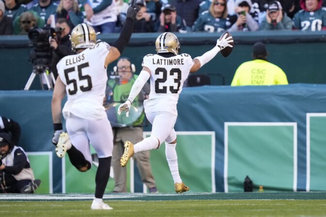 New Orleans Saints cornerback Marshon Lattimore (23) returns an interception for a touchdown in the second half of an NFL football game against the Philadelphia Eagles in Philadelphia, Sunday, Jan. 1, 2023.