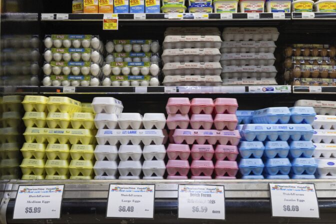 Cartons of eggs are on display at HarvesTime Foods on Thursday, Jan. 5, 2023 in Chicago.