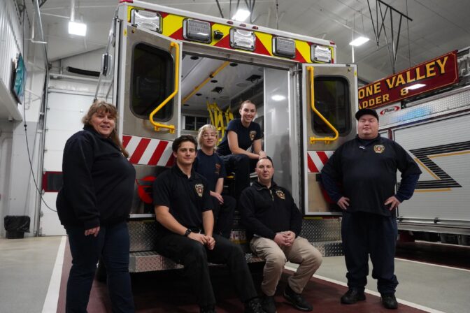 EMT Michelle Krieger, EMT Ralph Lintelman, EMT student Alison Echols, EMT Sophie Eberly, EMS Manager Joe Miles, and EMT Bill Dill sit inside of a Keystone Valley Ambulance. (