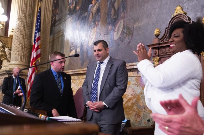 Mark Rozzi (center) is joined by Republican Bryan Cutler (right) and Democrat Joanna McClinton (left)