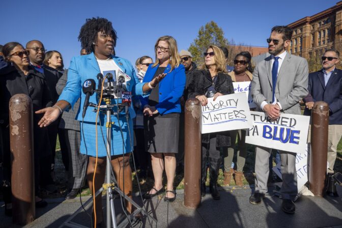 Joanna McClinton speaks during a press conference