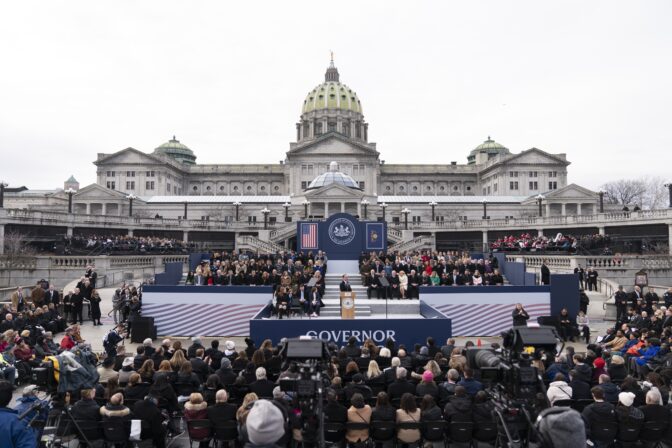 Democratic Gov. Josh Shapiro speaks after taking the oath of office to become Pennsylvania's 48th governor, Tuesday, Jan. 17, 2023, at the state Capitol in Harrisburg, Pa.