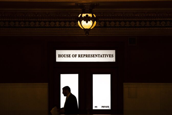 In this Nov. 20, 2019 file photo, Rep. Mark Rozzi, D-Berks, is silhouetted as he passes a window in the Pennsylvania Capitol in Harrisburg, Pa.
