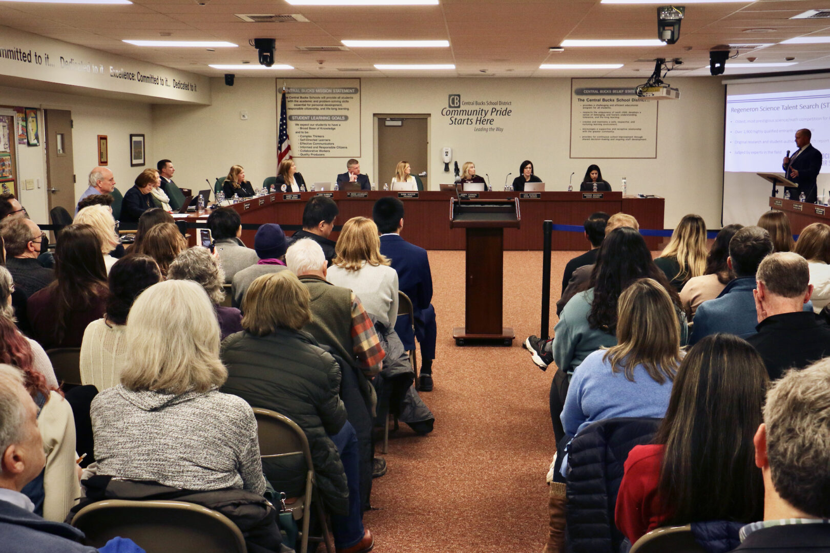 About 100 people fill a Central Bucks School Board meeting room on Feb. 7, 2023. More waited outside who were denied entrance to avoid overcrowding.
