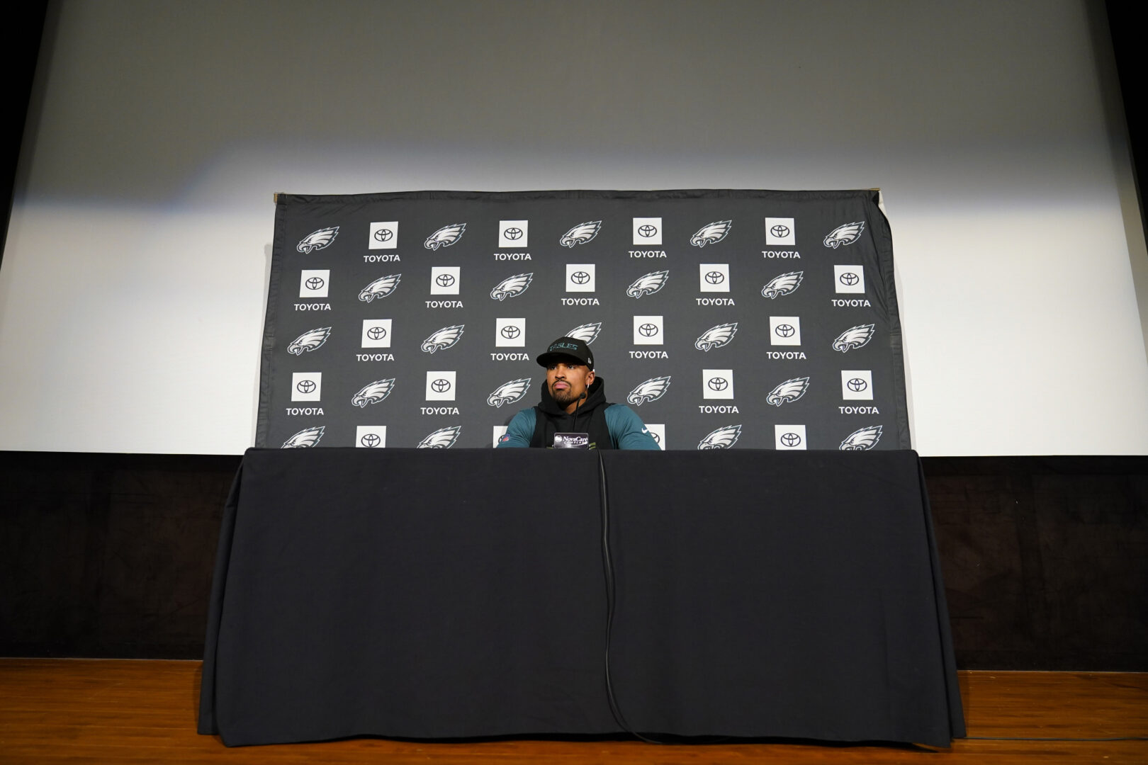 Philadelphia Eagles' Jalen Hurts listens to a question during a news conference at the NFL football team's training facility, Thursday, Feb. 2, 2023, in Philadelphia. The Eagles are scheduled to play the Kansas City Chiefs in Super Bowl LVII on Sunday, Feb. 12, 2023.