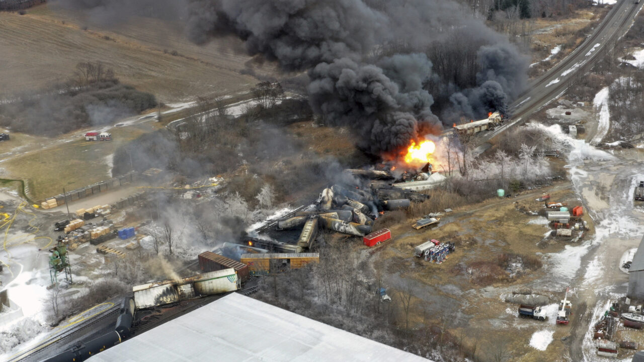 This photo taken with a drone shows portions of a Norfolk and Southern freight train that derailed Friday night in East Palestine, Ohio