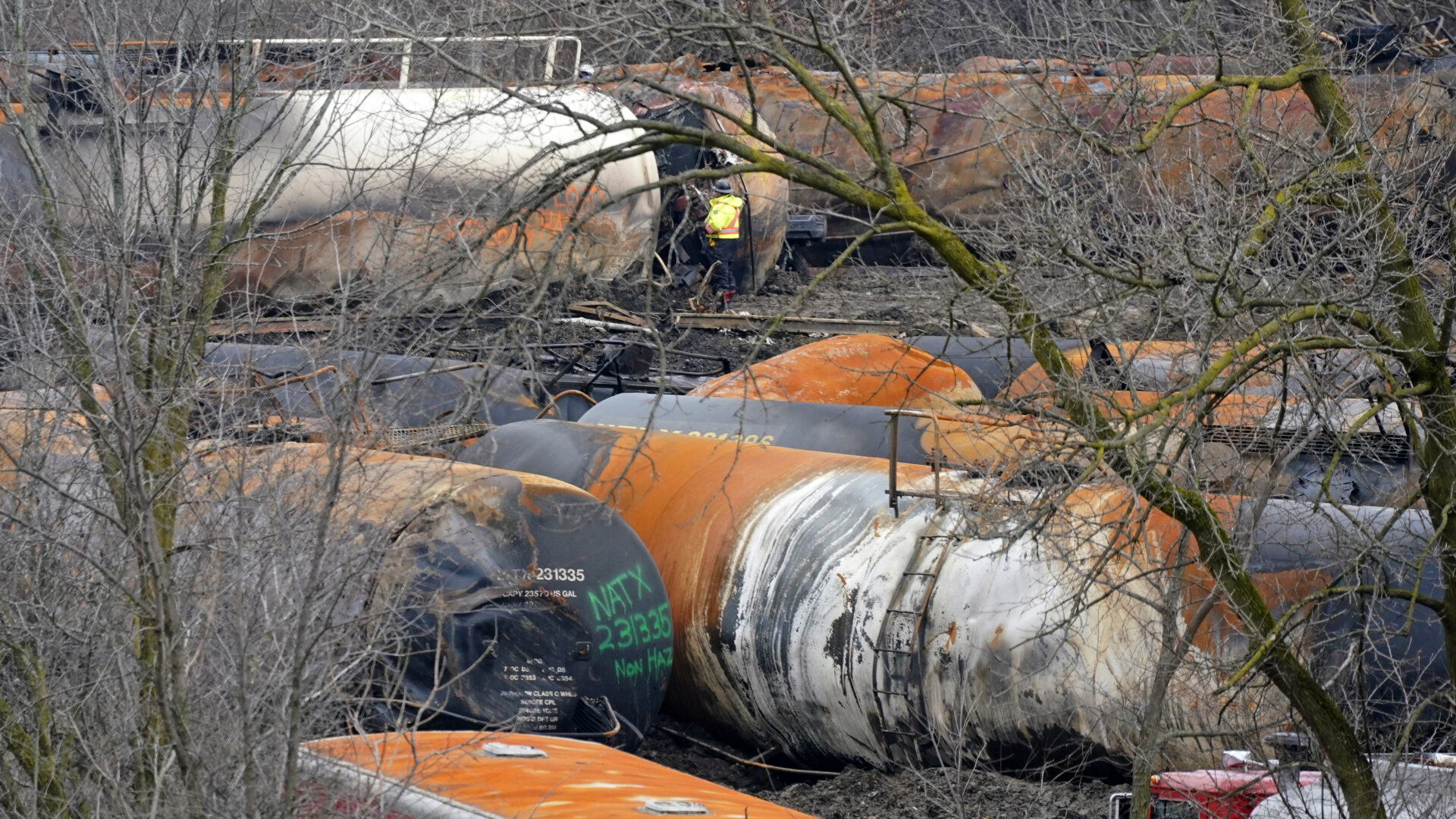The cleanup of portions of a Norfolk Southern freight train that derailed Friday night in East Palestine, Ohio, continues on Thursday, Feb. 9, 2023. 
