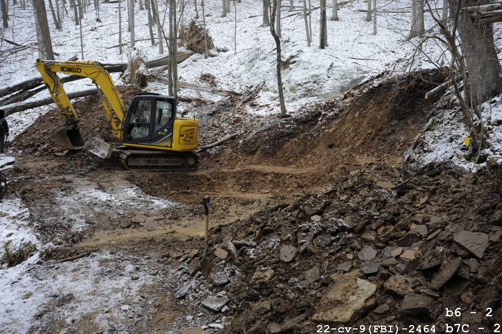 This 2018 photo released by Federal Bureau of Investigation shows the FBI's 2018 dig for Civil War-era gold at a remote site in Dents Run, Penn., after sophisticated testing suggested tons of gold might be buried there. The government says the dig came up empty, but a treasure hunter believes otherwise. (Federal Bureau of Investigation via AP)