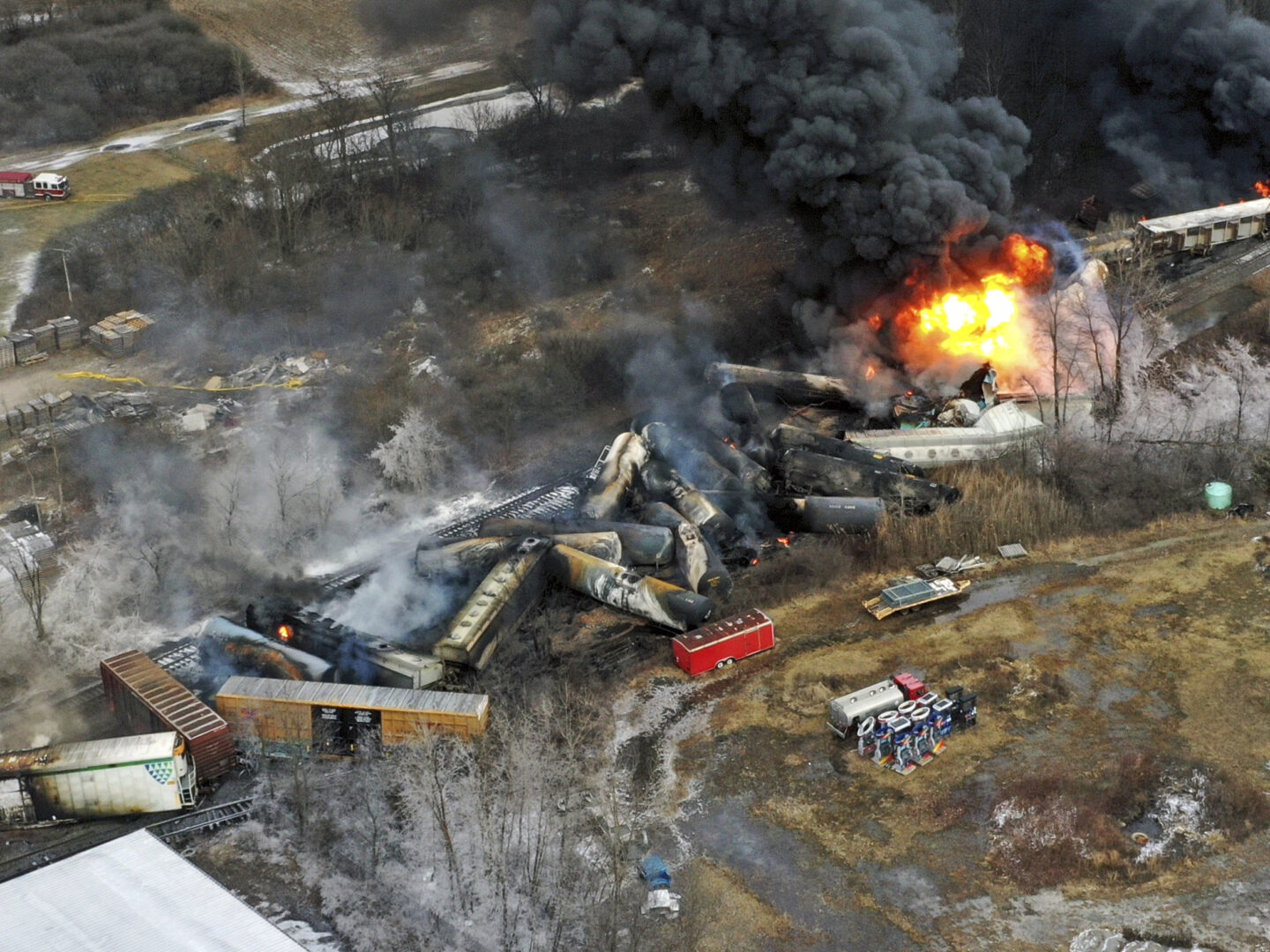 This photo taken with a drone shows portions of a Norfolk Southern freight train that derailed Friday night in East Palestine, Ohio are still on fire at mid-day Saturday, Feb. 4, 2023. 
