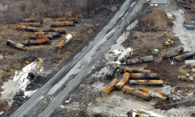 This photo taken with a drone shows the continuing cleanup of portions of a Norfolk Southern freight train that derailed Friday night in East Palestine, Ohio, Thursday, Feb. 9, 2023. 