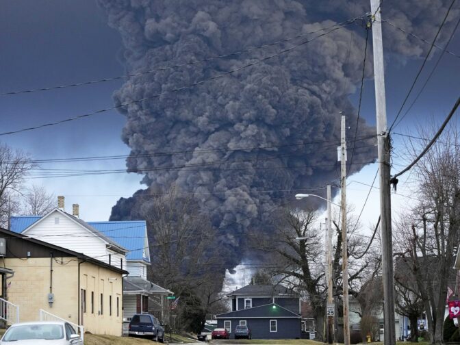  A black plume rises over East Palestine, Ohio, as a result of a controlled detonation of a portion of the derailed Norfolk Southern trains, Feb. 6, 2023. 