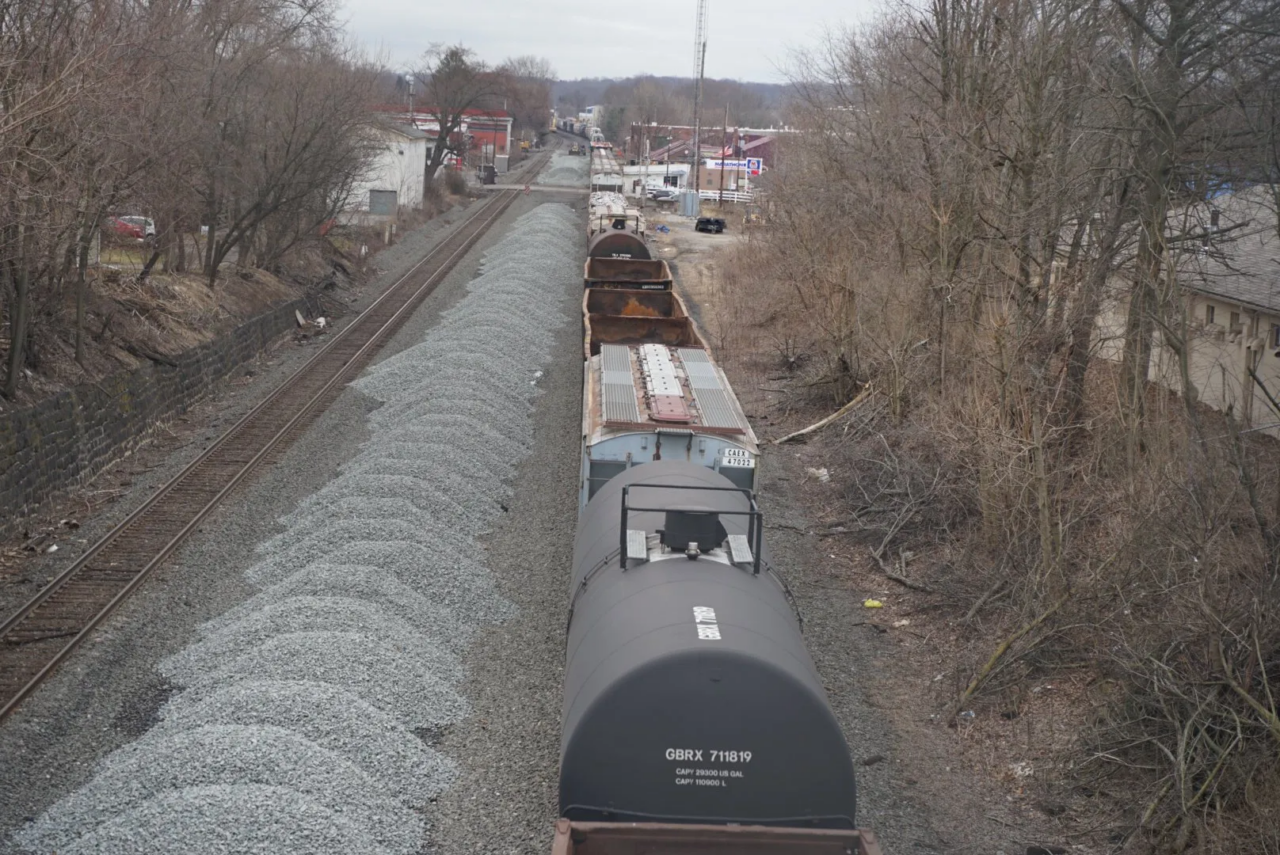 A train runs along the track in East Palestine, Ohio, on Feb. 16, 2023.
