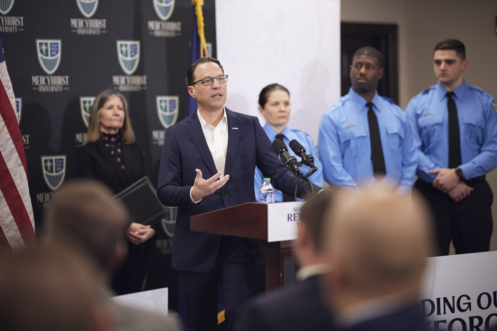 Pa. Governor Josh Shapiro speaks at a press conference after meetng with cadets at the Mercyhurst Municipal Police Academy in Erie on March 23, 2023.