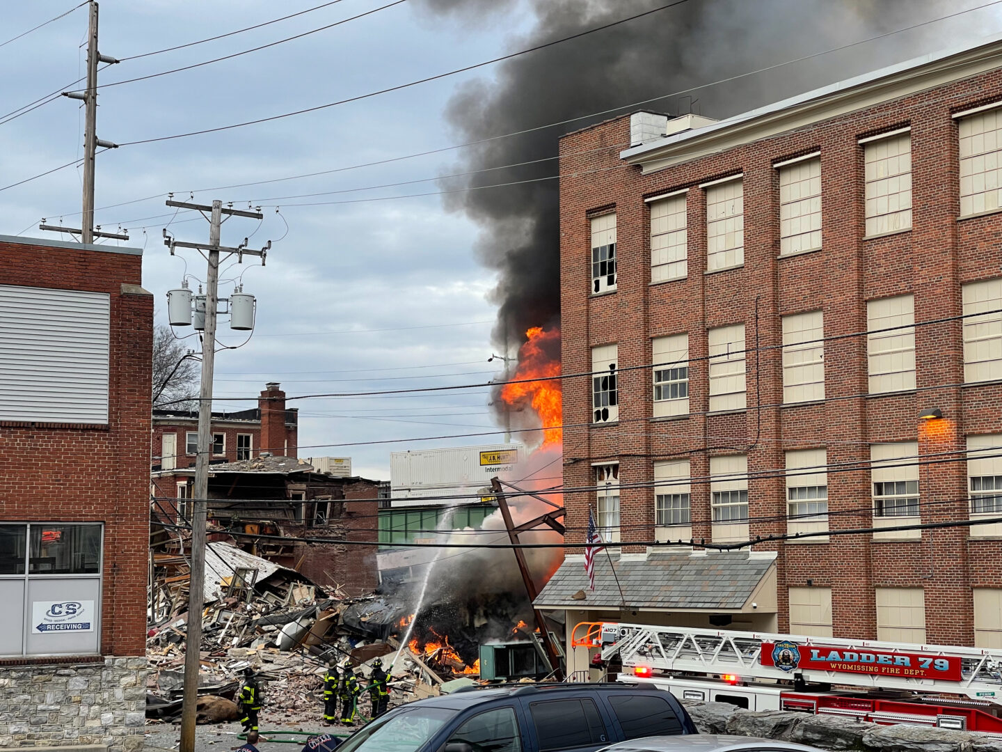 Emergency crews respond to R.M. Palmer Co. on March 24, 2023 after an explosion destroyed part of the candy factory. (Ben Hasty - in kind contribution)