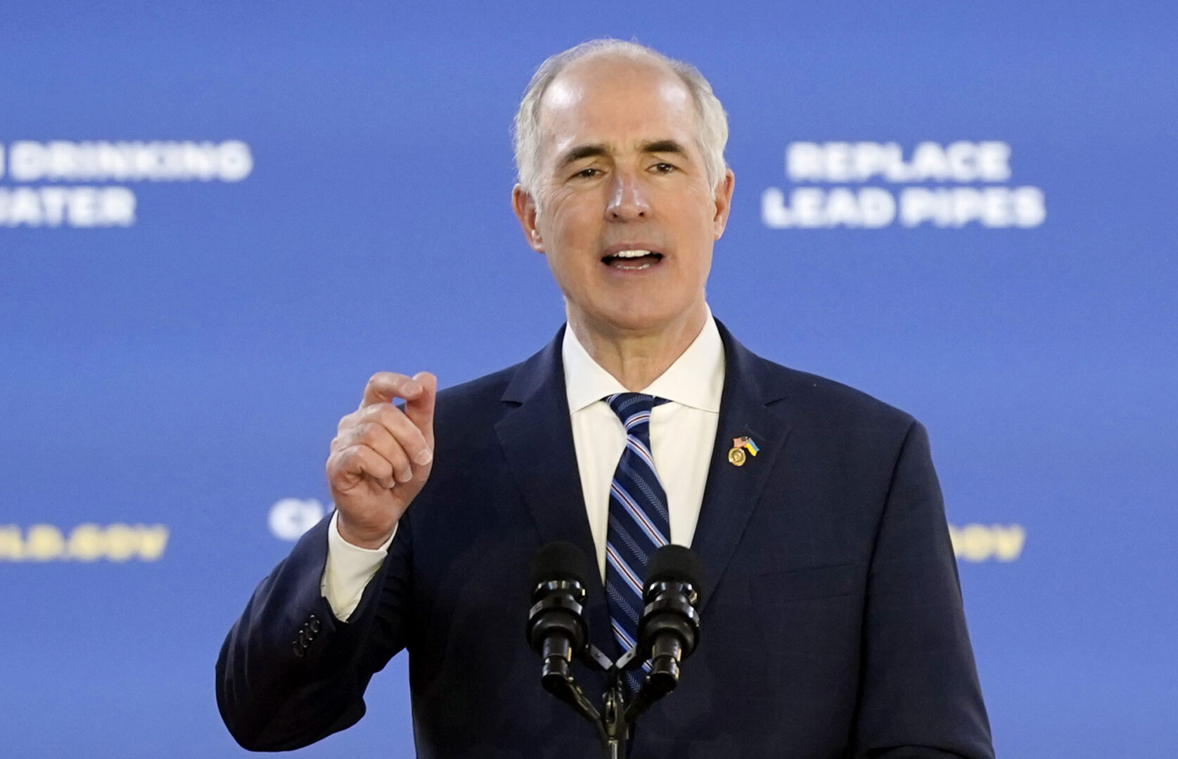 Sen. Bob Casey, D-Pa., speaks before President Joe Biden about his infrastructure agenda while announcing funding to upgrade Philadelphia's water facilities and replace lead pipes, Friday, Feb. 3, 2023, at Belmont Water Treatment Center in Philadelphia.