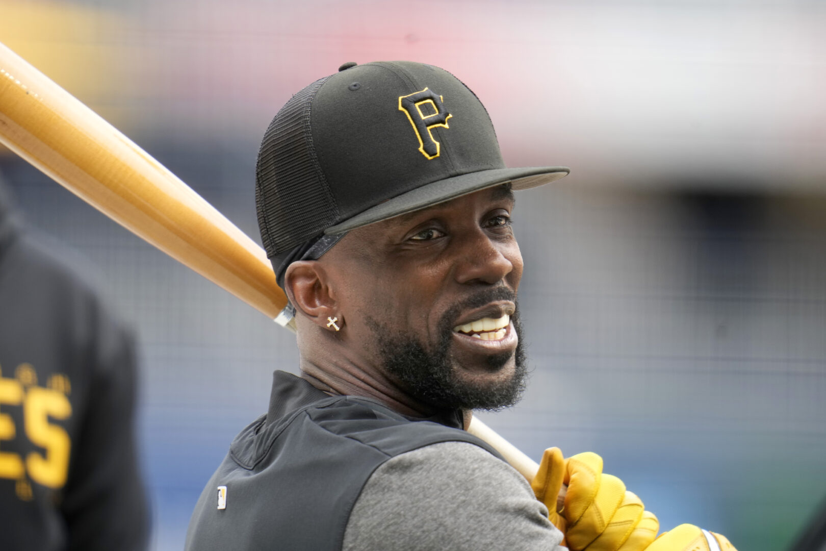 Pittsburgh Pirates' Andrew McCutchen waits his turn in the batting cage before the Pirates home opener baseball game against the Chicago White Sox in Pittsburgh, Friday, April, 7, 2023. (AP Photo/Gene J. Puskar)