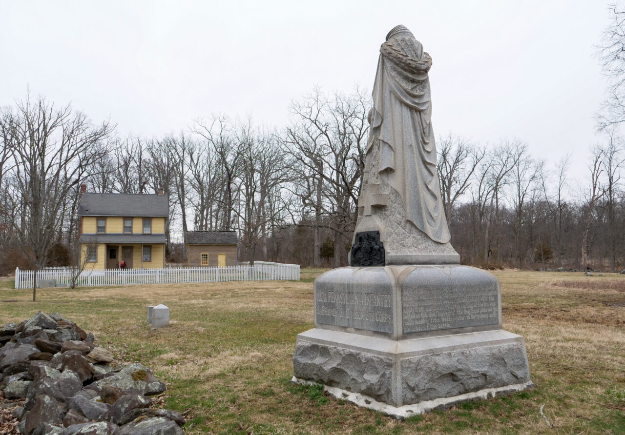 A monument for the 102nd Pennsylvania, 3rd Brigade, 3rd Division 6th Corps outside of the Althoff House on the Gettysburg Battlefield.