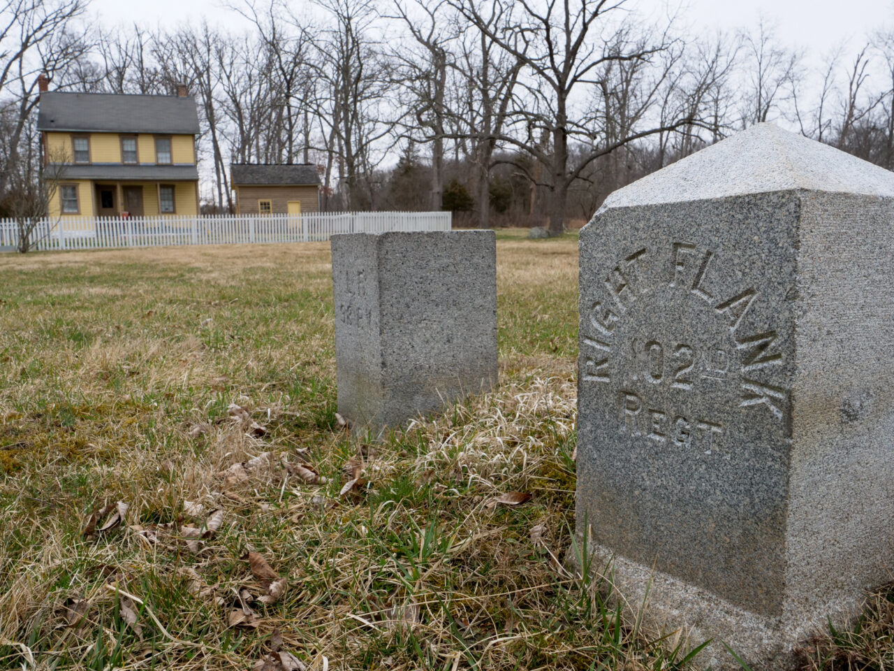 A monument for the 102nd Pennsylvania, 3rd Brigade, 3rd Division 6th Corps outside of the Althoff House on the Gettysburg Battlefield.