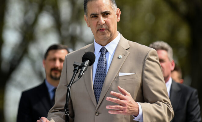 In this photo from April 2023, then-Acting Department of Environmental Protection Secretary Rich Negrin speaks at a news conference in Harrisburg about the Shapiro Administration's commitment to fight climate change under a new EPA climate grant program. Negrin was later confirmed as DEP secretary.