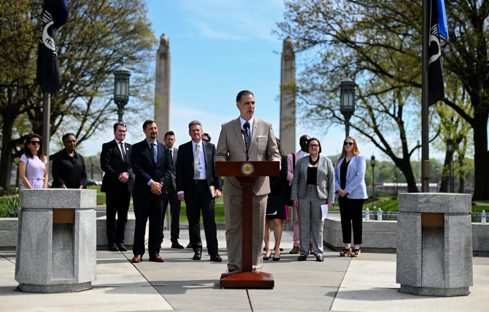 Pennsylvania Acting Department of Environmental Protection Secretary Rich Negrin announces a new EPA climate grant program at Soldier's & Sailor's Grove in Harrisburg on April 14, 2023 (Jeremy Long - WITF)
