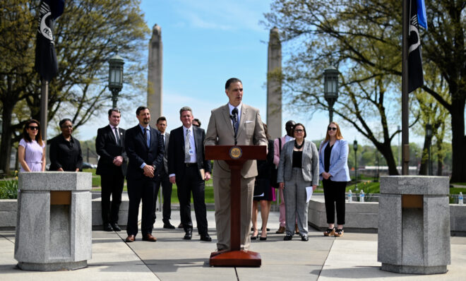 Pennsylvania Acting Department of Environmental Protection Secretary Rich Negrin announces a new EPA climate grant program at Soldier's & Sailor's Grove in Harrisburg on April 14, 2023 (Jeremy Long - WITF)