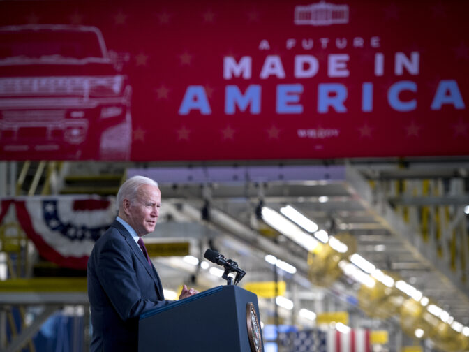 President Joe Biden speaks at the General Motors Factory