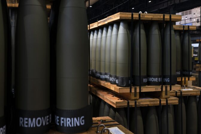 155 mm M795 artillery projectiles are stored for shipping to other facilities to complete the manufacturing process at the Scranton Army Ammunition Plant in Scranton, Pa., Thursday, April 13, 2023.