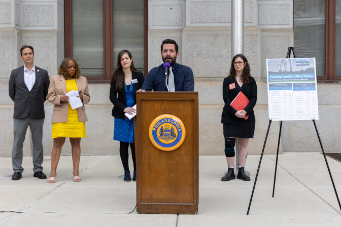 Russell Zerbo, an advocate with the Clean Air Council, said that Pa. residents do not benefit from the regions largest polluters, the corporations that export energy, but breathe contaminated air at Penn Environment’s press conference calling out Pa.’s top polluters at City Hall in Philadelphia on May 9, 2023. (Kimberly Paynter/WHYY)