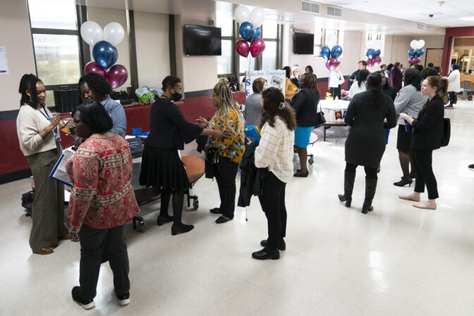 Facility and prospective applicants gather at William Penn School District's teachers job fair in Lansdowne, Pa., Wednesday, May 3, 2023. 