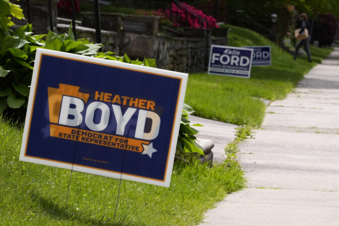 Campaign signs for Heather Boyd and Katie Ford are seen, Thursday, May 4, 2023, in Aldan, Pa. The two are running in a special election in the Philadelphia suburbs that will determine whether Democrats in the Pennsylvania House of Representatives will maintain control of the chamber or if Republicans will reclaim the majority control they held for 12 years until this January.